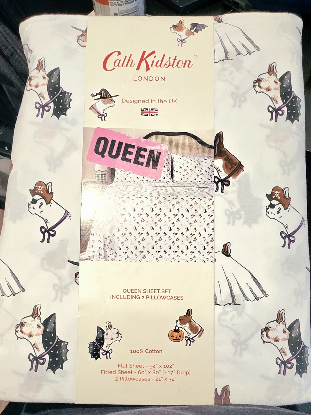 Cath Kidston Cream Queen Sheet Set with Brown and Black Halloween Dog Motif